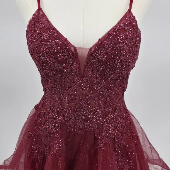Pageant May Queen Beaded Tulle Party Dress Womenβs 4 Burgundy Fit & Flare Formal - Picture 2 of 12